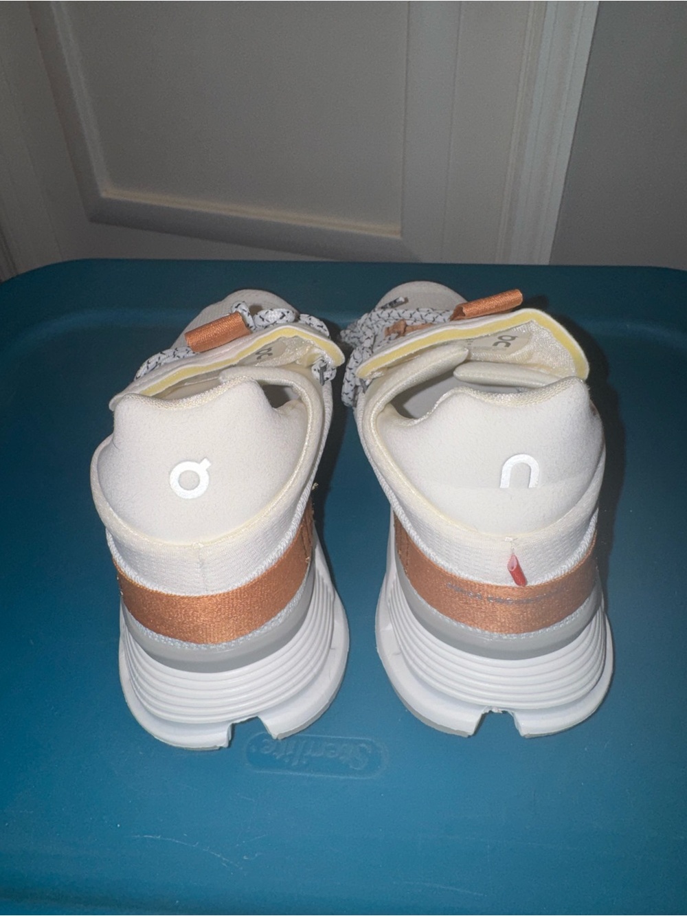 On Cloud Running White Sneakers with Tan Accents - Picture 4 of 7